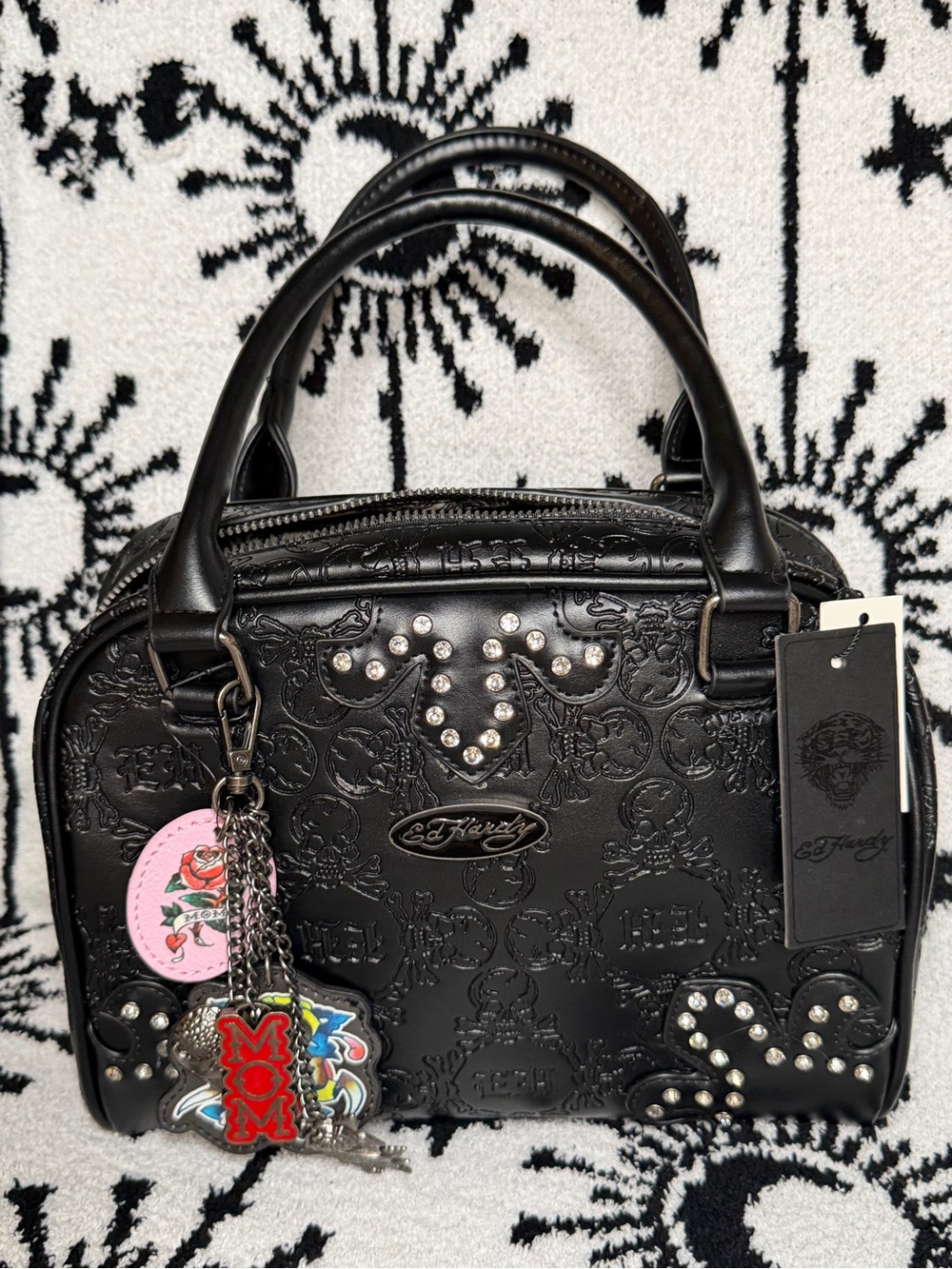 NWT Ed Hardy Embossed Skull & Crossbones Mini Satchel Bag with Charms